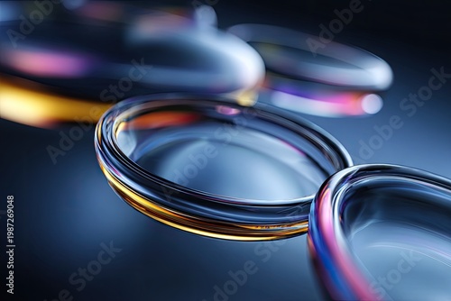 Close-up on transparent, curved optical lenses with vibrant reflections