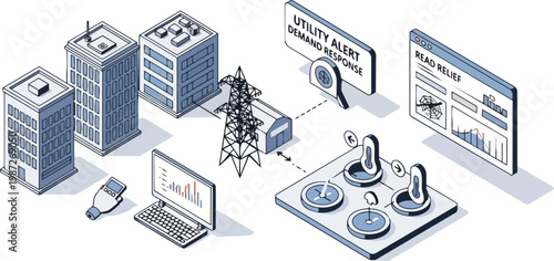 Smart Grid Utility Demand Response Isometric Illustration, Energy Management System, Power Consumption Monitoring in Modern City Buildings