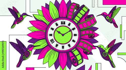 Surreal Sunflower Clock Face With Mechanical Wing Hummingbirds And Film Petals Pop Surrealism Flat Illustration With Bold Outlines