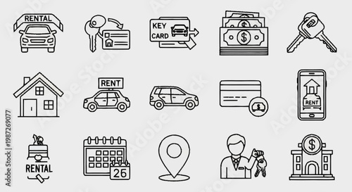 Rental Service Icons - Car, House, Key, Money, Calendar, Location.