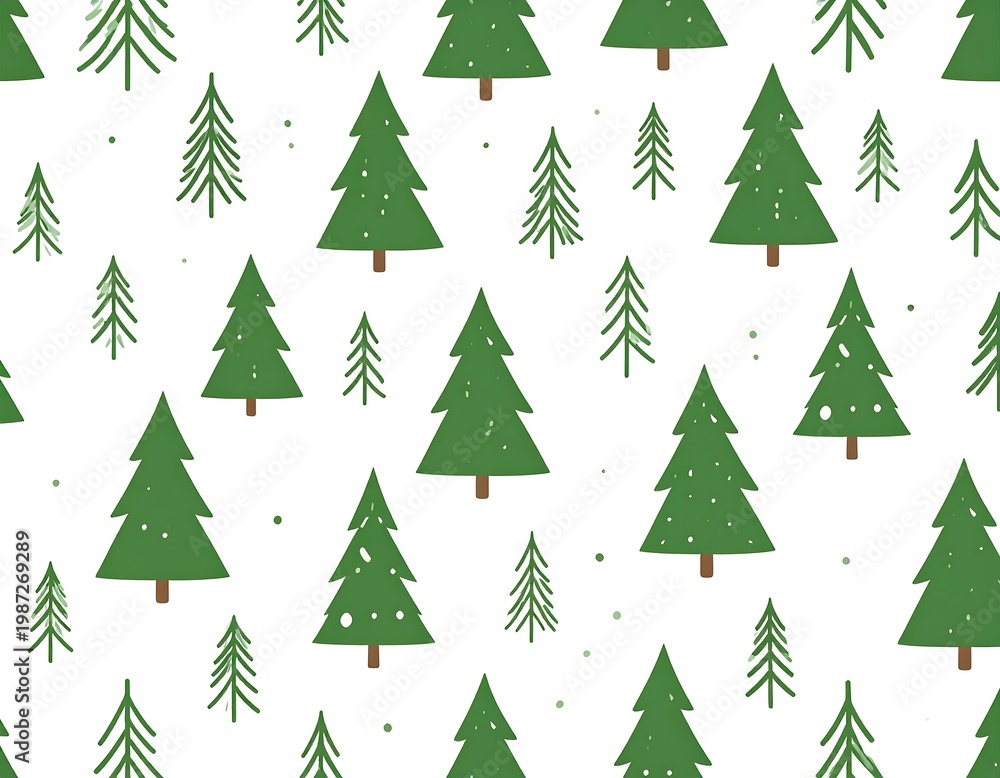 Fototapeta premium Festive pattern showcasing hand-drawn green evergreen trees of varying sizes with scattered tiny dots against a white backdrop