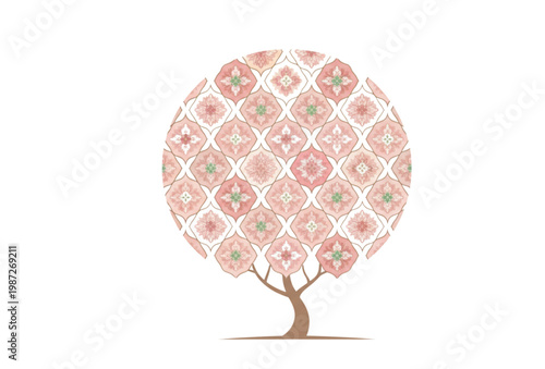 Decorative flowering tree vector with stylized blossoms and ornamental plant design isolated on white background