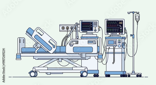 Professional illustration of a modern hospital patient room equipped with an adjustable bed and medical monitors.