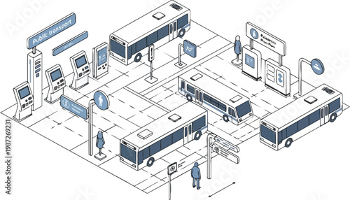 Isometric Line Art Illustration of a Modern Public Transport Bus Station Hub with Buses, Kiosks, and Pedestrians in a Smart City Infrastructure Style