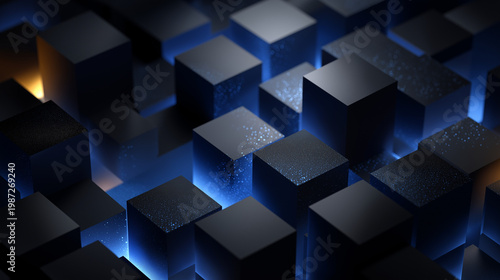 Abstract Geometric Cubes in Light: An abstract composition of geometric cubes, bathed in an ethereal, blue and golden light, suggesting innovation, technology, and futuristic design.