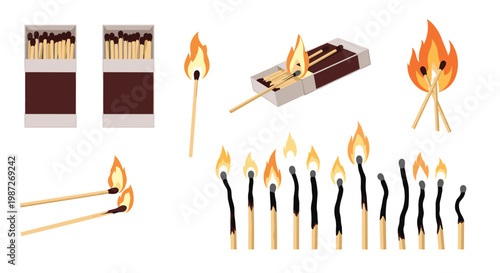 Informative set of illustrations showing the lifecycle of a match from unlit in a box to burning and burnt out.