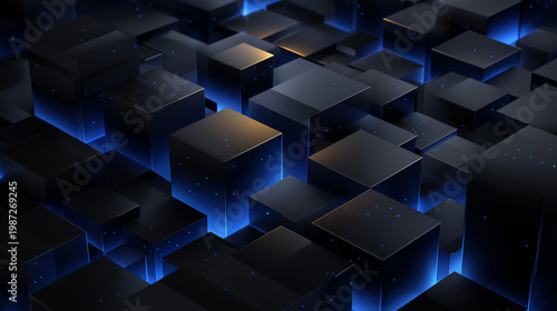 Geometric Illumination: An intricate arrangement of dark cubes, softly illuminated with blue light. It's a striking visual that evokes a sense of futuristic tech or sophisticated design.