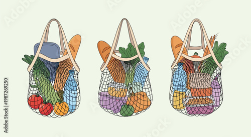 Eco friendly reusable net bags filled with fresh groceries including vegetables, bread, and bottled water for life.