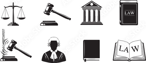 Law and justice icons set featuring legal scales judge gavel courthouse building law book silhouettes and attorney with wig graphic.