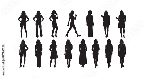 Fashionable woman silhouettes standing and walking in various clothing styles for boutique apparel advertisement design.