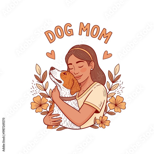 A loving dog mom embraces her beloved canine companion surrounded by floral elements and hearts, celebrating their special bond.