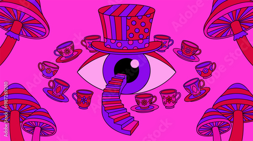 Floating Eye with Top Hat and Orbiting Tea Cups Pop Surrealism Flat Illustration with Bold Outlines