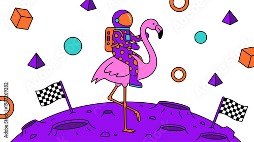 Astronaut Riding Giant Flamingo on Asteroid Pop Surrealism Flat Illustration with Bold Outlines