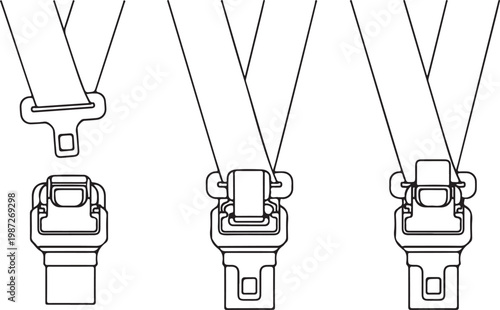 Vehicle safety belt buckle assembly line drawing set showing various stages of connecting car seatbelt components for passenger safety.