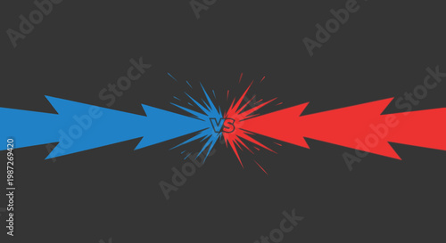 Collision of blue and red lightning bolts on black background