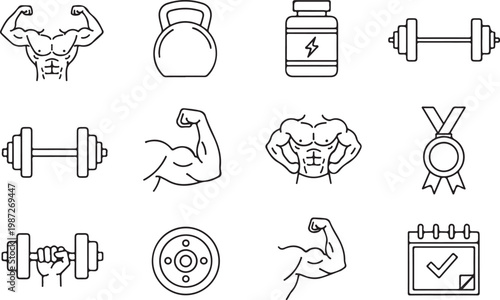 Bodybuilding and fitness training icons set featuring muscular torso kettlebell protein supplement barbell medal and workout calendar.