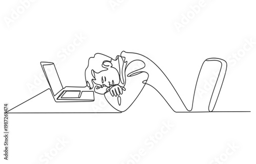 Tired businessman sleeping on desk next to laptop in office with line art businessman sleeping exhausted overworked computer workplace business employee tiredness corporate illustration
