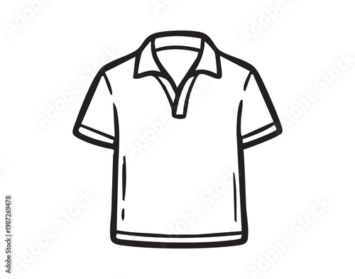 Minimal polo shirt outline, clean monochrome line art showing short sleeve collar and placket, sketch ideal for mockup, branding, ecommerce, apparel design and textile concept