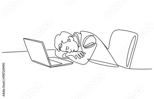 Exhausted man slumped over laptop on office desk with line art exhausted overworked computer workplace business employee tiredness corporate illustration minimalist equipment technology