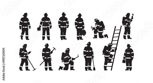 Firefighters in uniform, rescue, emergency, equipment, ladder, axe, helmet, hose, safety, professional, illustration, vector.