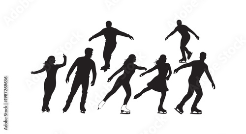 Figure skaters performing on ice, dynamic poses, group of athletes, winter sport, competition, illustration.