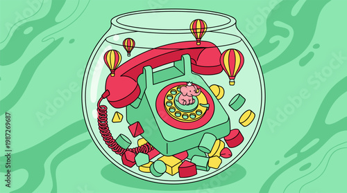 Retro Rotary Telephone in Candy Fishbowl with Elephant Pop Surrealism Flat Illustration with Bold Outlines