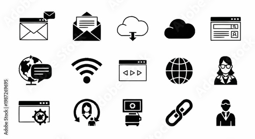 Set of Black and White Internet and Communication Icons.
