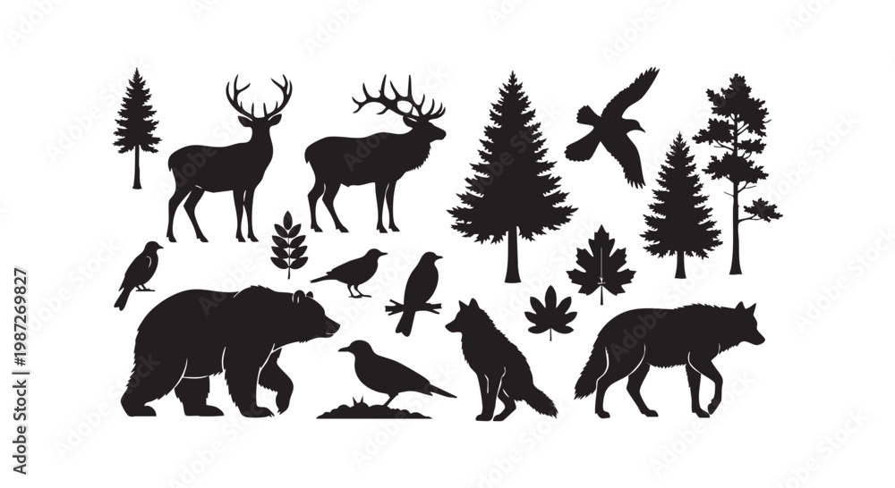 Fototapeta premium Forest wildlife silhouette collection featuring deer bear wolf and birds among pine trees and maple leaves outdoors set.