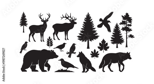 Forest wildlife silhouette collection featuring deer bear wolf and birds among pine trees and maple leaves outdoors set.