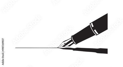 Fountain pen writing line, ink pen with metal nib and black ink, classic writing instrument with shadow.
