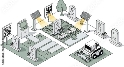 Futuristic Smart Cemetery with QR Codes, Solar Panels, and Robotic Maintenance Isometric Illustration
