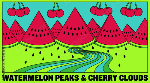 Watermelon Mountain Landscape Pop Surrealism Flat Illustration with Bold Outlines High Contrast Graphics
