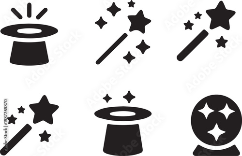 Magic Wand Icons Set, Wizard Hat Sparkle Spell Logo Collection.