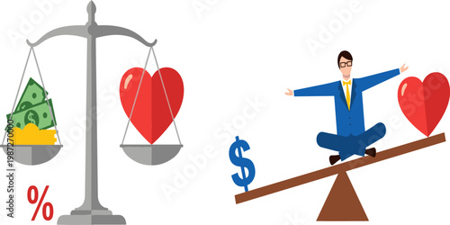 Financial Balance Concept Illustration with Interest Rates, Money, Businessman on Seesaw, Risk and Reward, Investment Strategy, and Economic Stability Design