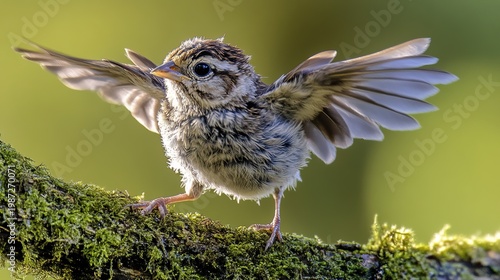 fledgling. A young sparrow attempting its first flight from a mossy branch, wings splayed. wildlife magazines, conservation campaigns, designed for wildlife conservation campaigns.