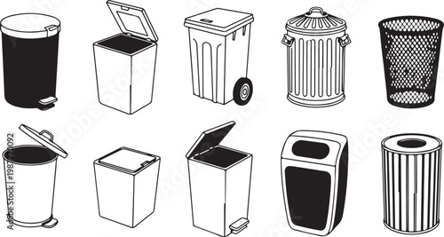 Trash can icons set including recycle bins waste baskets and garbage containers for sanitation and environment management design elements.