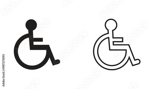 Wheelchair accessibility icons solid and outline style. Symbols in solid and outline styles representing disability access, mobility support, inclusive design, and  public facility signage.