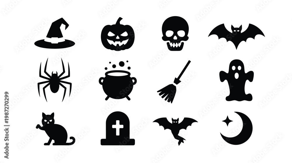 Fototapeta premium Halloween themed icons featuring a witch hat jack o' lantern skull bat silhouette spider cauldron broom ghost black cat tombstone flying bat and crescent moon arranged in a clean
