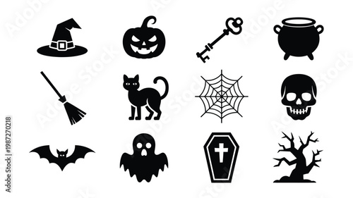 Halloween themed icons featuring a witch hat jack o' lantern skeleton key cauldron broom black cat spiderweb skull bat ghost coffin and eerie tree all in bold black silhouettes