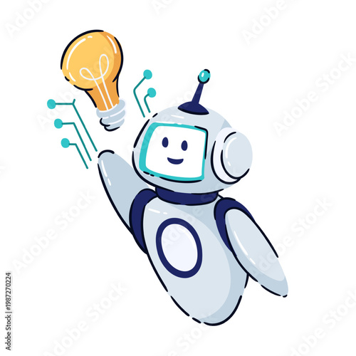 AI startup founder with smiling robot, raised hand, light bulb idea and circuit nodes. Innovation, entrepreneurship and tech branding with AI startup founder, cartoon vector illustration.