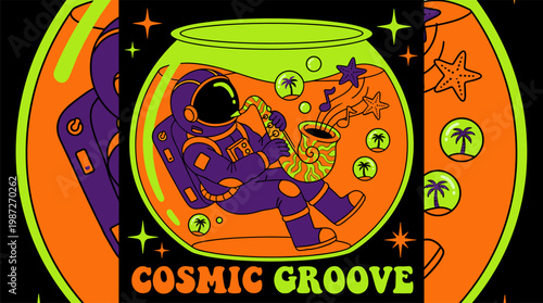 Retro Astronaut Playing Conch Saxophone In Goldfish Bowl Pop Surrealism Flat Illustration With Bold Outlines
