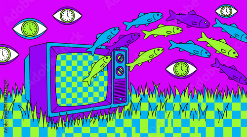 Retro Television with Flying Fish and Floating Clock Eyes Pop Surrealism Flat Illustration with Bold Outlines