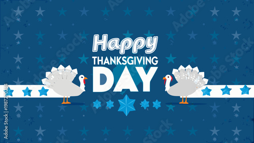 Happy thanksgiving day illustration with turkeys and festive blue star background