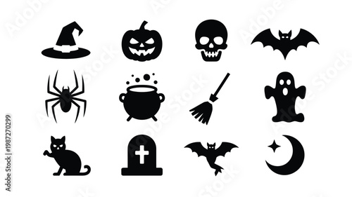 Halloween themed icons featuring a witch hat jack o' lantern skull bat silhouette spider cauldron broom ghost black cat tombstone flying bat and crescent moon arranged in a clean