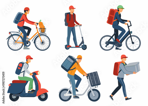 Delivery workers using various transportation methods in a colorful illustration