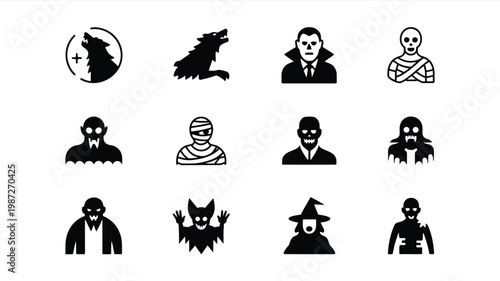Halloween themed black and white icons featuring werewolves vampires mummies and witches in a spooky festive style
