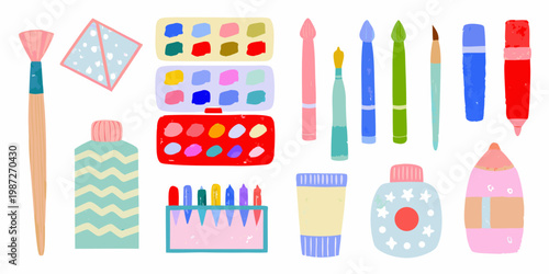 Colorful art supplies arranged in a flat lay illustration