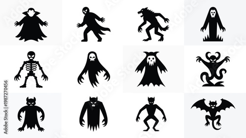 Black silhouette icons of ghosts skeletons and mythical creatures in dynamic poses ideal for halloween or spooky themes set against a clean white background