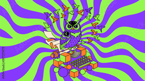 Giant Cosmic Owl Perched on Geometric Typewriter with Origami Birds Pop Surrealism Flat Illustration with Bold Outlines