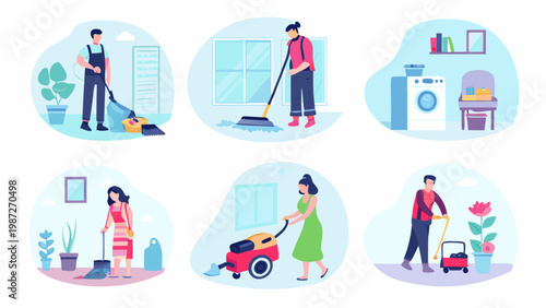 People performing various household chores in a colorful illustrated style